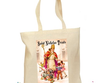 Vintage St. Nicholas Canvas Tote Bag - Retro Christmas Gift