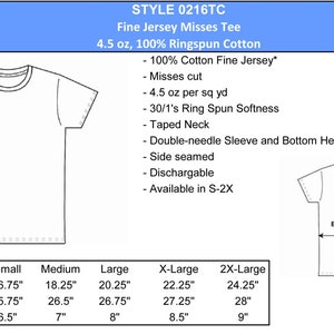 May include: White fine jersey misses tee shirt with the text "STYLE 0216TC Fine Jersey Misses Tee 4.5 oz, 100% Ringspun Cotton". The shirt has a taped neck, double-needle sleeve and bottom hem, and is side seamed. Available in sizes S-2X.
