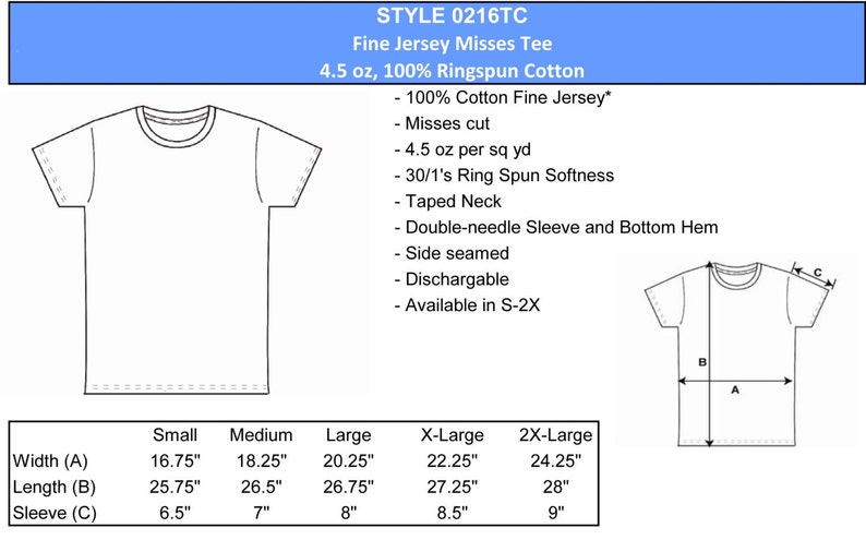 May include: White fine jersey misses tee shirt with the text "STYLE 0216TC Fine Jersey Misses Tee 4.5 oz, 100% Ringspun Cotton". The shirt has a taped neck, double-needle sleeve and bottom hem, and is side seamed. Available in sizes S-2X.