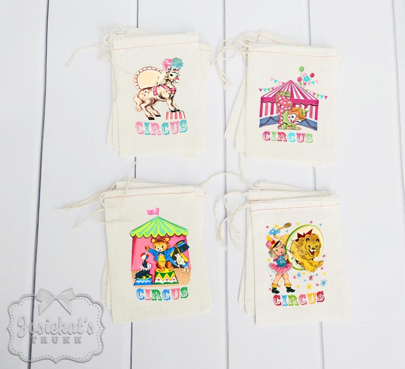 Circus Favor Bags Assortment Circus Girly Colors Goodie Bag Childrens Party Circus Pink Vintage Custom Dozen 4X6 12 count or 6X8 image 1