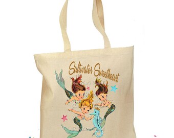 Sac fourre-tout personnalisé sirène : cadeau en toile rétro
