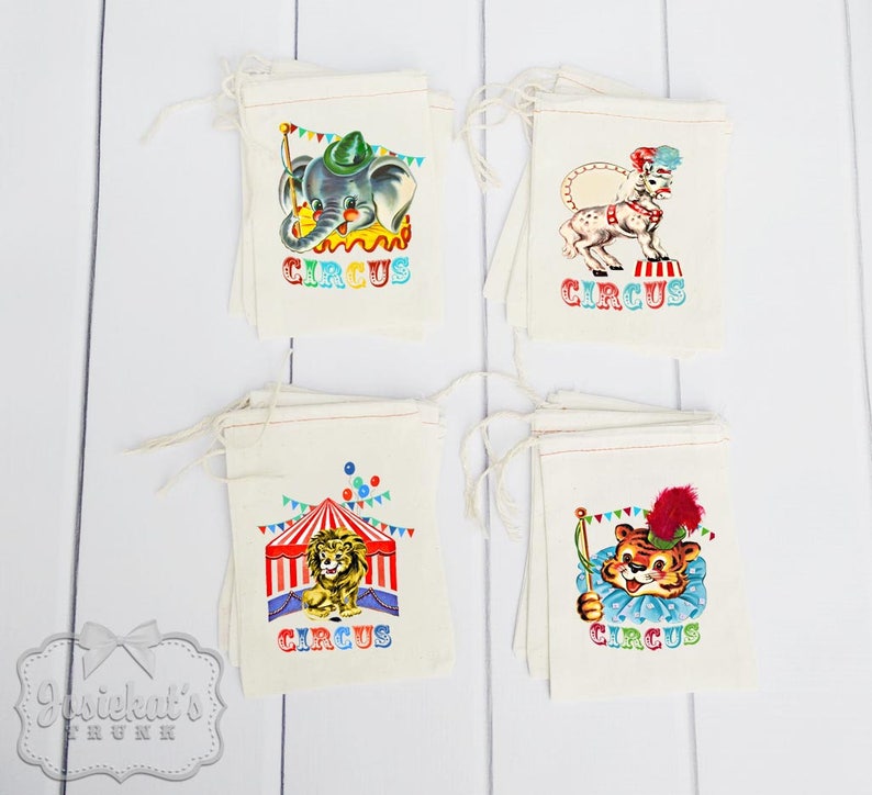 Circus Theme Party Favor Bags Birthday Goodie Childrens Party Carnival Animal Vintage Primary Elephant Dozen 4X6 12 count or 6X8 image 1