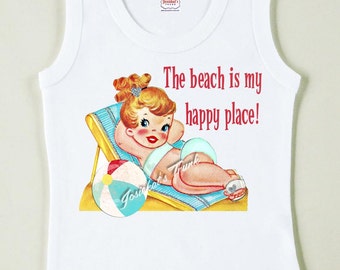 Beach Girl Shirt "The beach is my happy place" Sunbathing Tshirt Vintage Tee Custom Size Retro