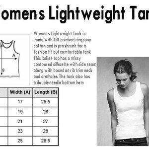 May include: A size chart for a women's lightweight tank top made of 100% combed ring spun cotton. The chart shows the width and length measurements in inches for sizes small to 2XL.