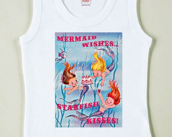 Mermaid Party Tee T Shirt Tank Vintage Custom Size "Mermaid Wishes Starfish Kisses" Retro