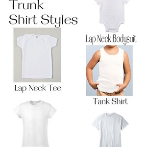May include: Five different styles of white t-shirts for children: Lap Neck Bodysuit, Lap Neck Tee, Tank Shirt, Girly Tee, and Boy's Crew.