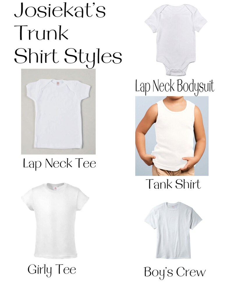 May include: Five different styles of white t-shirts for children: Lap Neck Bodysuit, Lap Neck Tee, Tank Shirt, Girly Tee, and Boy's Crew.