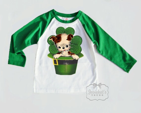 Irish Kids Shirt - St Patrick Shirt - Irish Puppy Shirt - Green White Baseball - Saint Patricks Day - Irish Shamrock Sibling - Retro Vintage