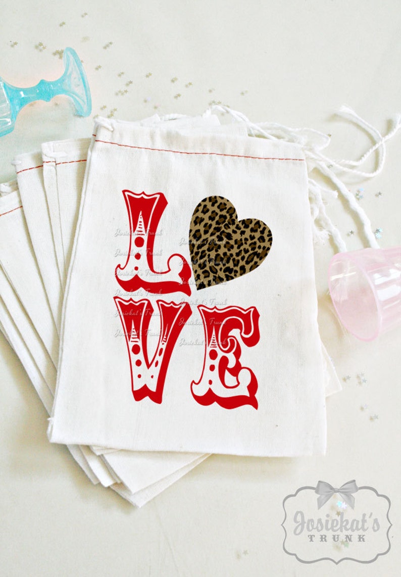 Valentine Favor Bag School Favor LOVE Leopard Heart Classroom Party Valentine School Goody Bag Vintage Custom 4X6 10 count or 6X8 zdjęcie 1