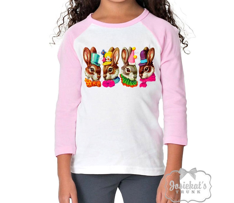 Girl Easter Shirt Easter Bunnies Tshirt Bunny Pink White Baseball Girl Rabbit Shirt Personalize Toddler Infant Custom Size Retro image 1