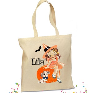 Girl Trick or Treat Bag Halloween Vintage Tote Candy Retro Personalized Choose Hair Color and Bag Style