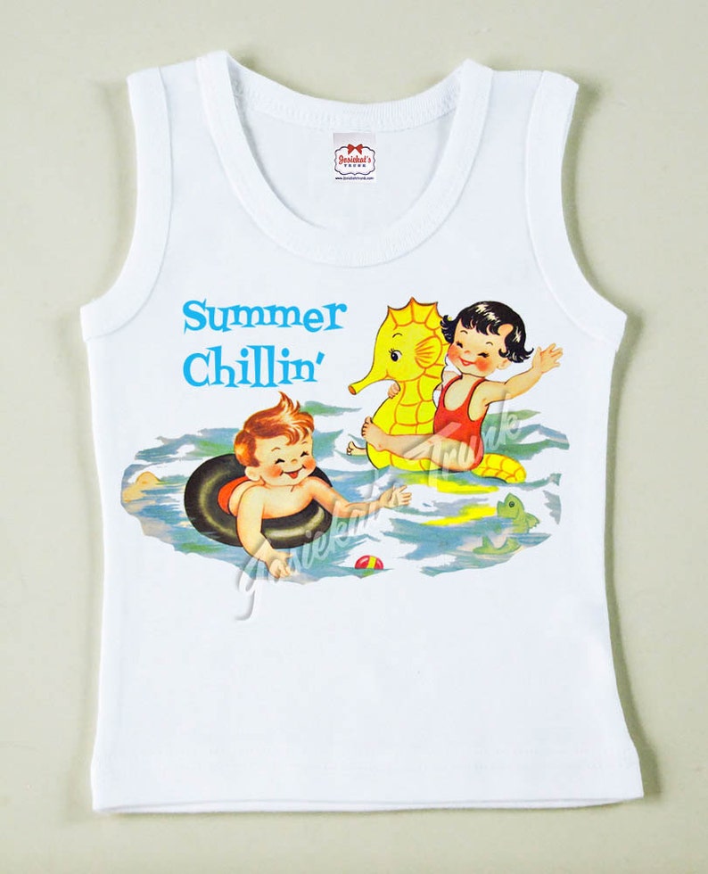 Retro Summer Chillin Tee Custom Size Vintage Girl Swim Beach Tshirt Tank image 1