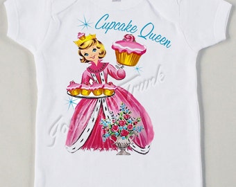 Retro "Cupcake Queen" Tee Custom Size Vintage Girl Tshirt Pink Frosting