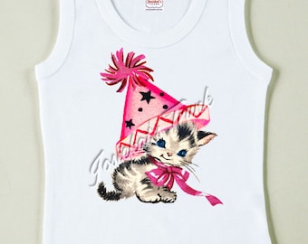 Kitty Shirt - Birthday Kitten Shirt - Pink Kitty Tshirt - Birthday Party Kitty - Retro Pink Kitty Party Tee - Custom Size Vintage Girl