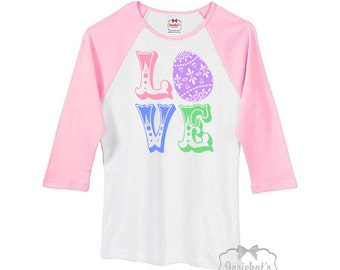 Women Easter Shirt - Easter Egg LOVE Shirt - Ladies Easter Baseball Shirt - Pink White Baseball Shirt -  Junior Custom Size S M L Xl 2XL