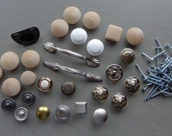 Lot of New 26 Knobs 2 Handles 50+ Screws Misc Assortment Cabinet Hardware for Use Crafts Altered Art Repurpose