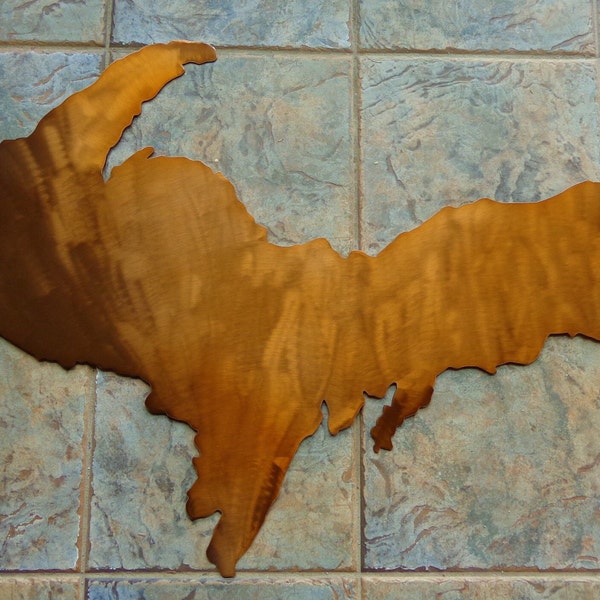 UP Upper Peninsula of Michigan Plasma Cut Metal Wall Art 36" x 19" Translucent Copper Finish