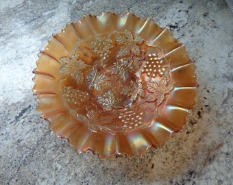 Vintage Fenton Glass Bowl Candy Dish Ruffled Edge Marigold Carnival Glass 8-1/4"