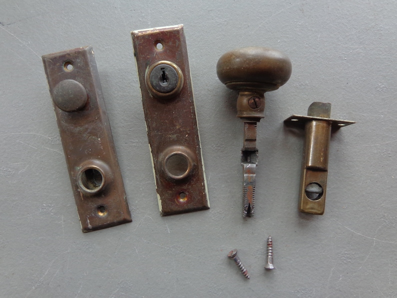 Vintage Used Small Brass Doorknob Lock Set for Parts Repair Repurpose