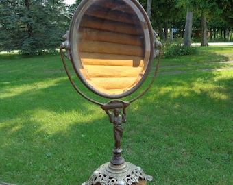 Antique Vanity Mirror on Stand Heavy Cast Metal Bevel Glass Mirror by Golden Manufacturing Co