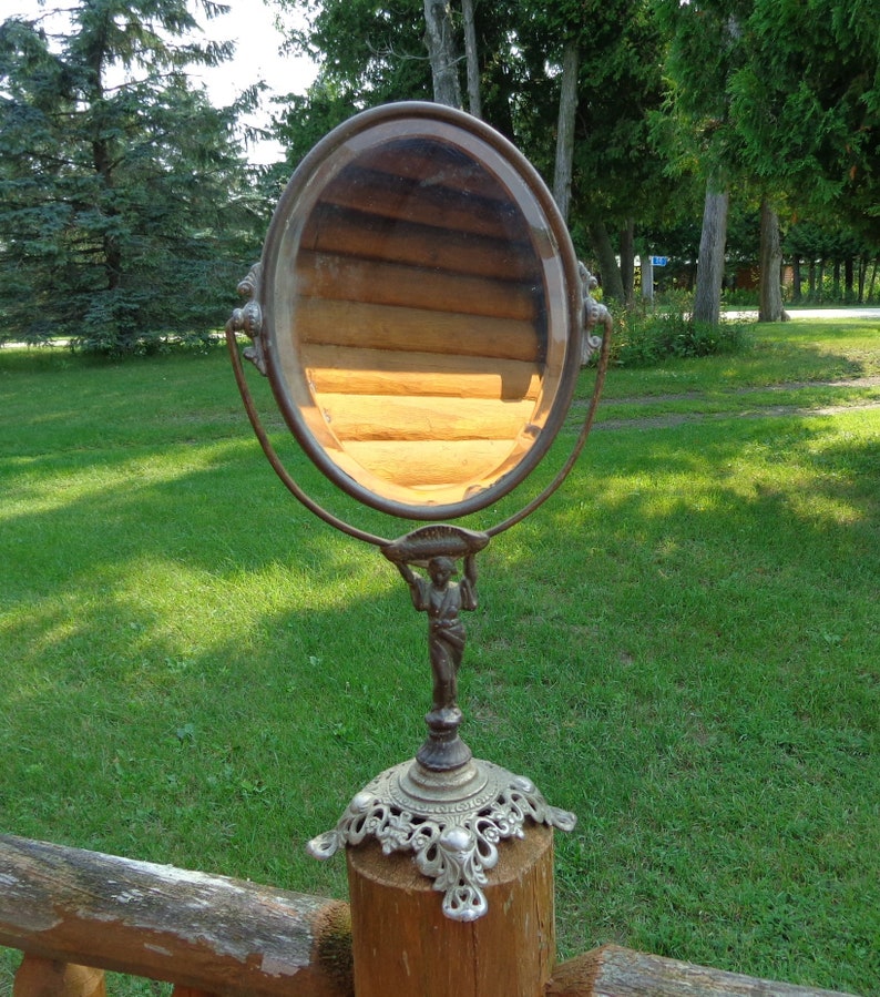 Antique Vanity Mirror on Stand Heavy Cast Metal Bevel Glass Etsy