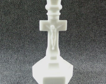 Vintage Cross Crucifix Candle Stick Holder 9" White Milk Glass Religious