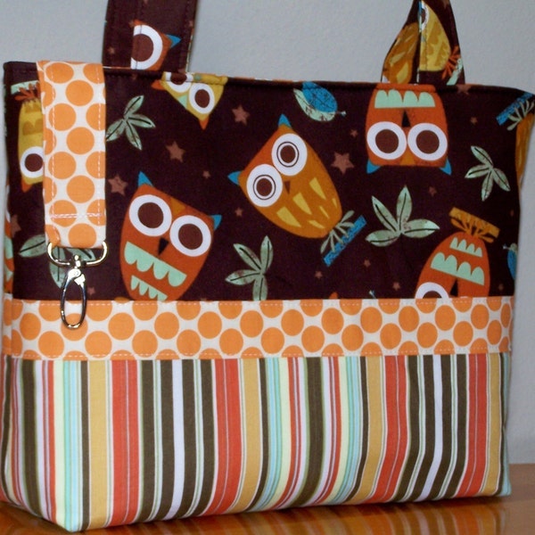 RETRO MOD OWLS BROWN AND GOLD STRIPES AND DOTS WHIMSICAL HANDBAG TOTE PURSE WITH FREE KEY FAUB and HARD BOTTOM INSERT  and limited b\/c fabric is no longer in print