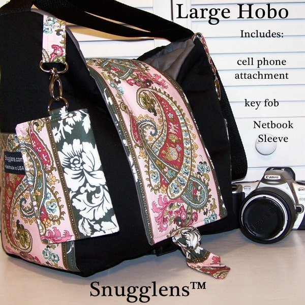 PreOrder Digital SLR HOBO camera bag LGE with NETBOOK SLEEVE cell phone attachmnent and key fob charm paisley gray interior SNUGGLENS