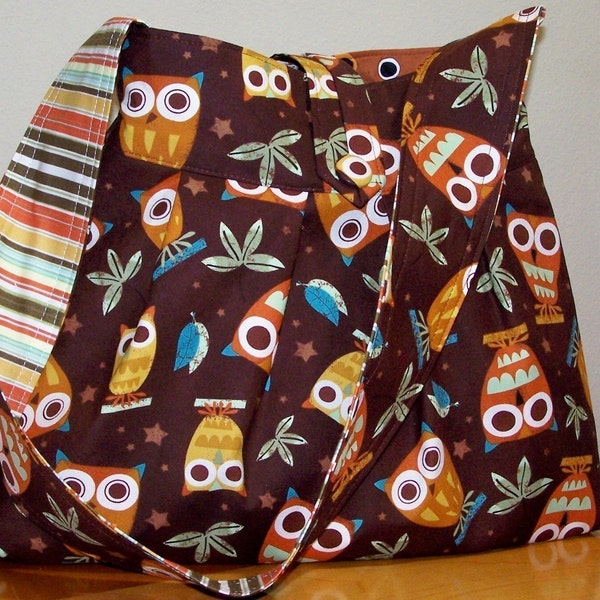 RETRO BROWN HOOTY OWLS PLEATED HOBO BAG LARGE SIZE CUSTOM AVAILABLE and limited b\/c fabric is no longer in print