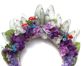 Mixed Flower Faerie Headpiece / Headband / Fairy Crown Purple and Indigo with Redcap Mushrooms