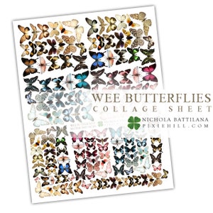 May include: A collage sheet featuring a variety of butterfly illustrations in shades of brown, orange, blue, pink, and green. The sheet includes the text "WEE BUTTERFLIES COLLAGE SHEET" and the website "pixiehill.com".