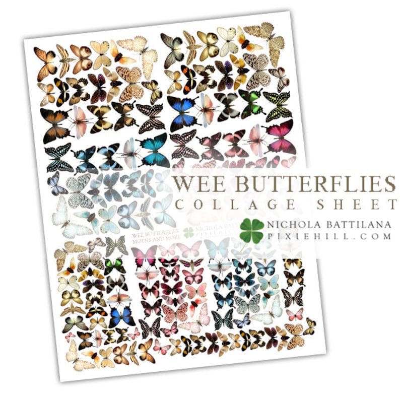 May include: A collage sheet featuring a variety of butterfly illustrations in shades of brown, orange, blue, pink, and green. The sheet includes the text "WEE BUTTERFLIES COLLAGE SHEET" and the website "pixiehill.com".