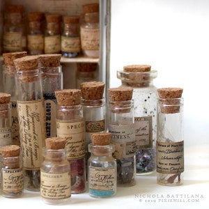 May include: A collection of small glass bottles with cork stoppers and labels. The bottles are filled with various materials, including glitter, beads, and feathers. The labels on the bottles have handwritten text, including the words "Specimen" and "Collection of Specimens".