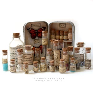 May include: A collection of small glass bottles with cork stoppers, filled with various materials, including glitter, feathers, and dried flowers. The bottles are labeled with handwritten text and are arranged in a vintage-style tin box.