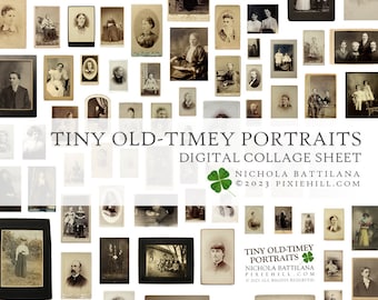 Tiny Old-Timey Vintage Portraits Digital Collage Sheet PDF PNG Download Miniature Photos Cabinet Cards