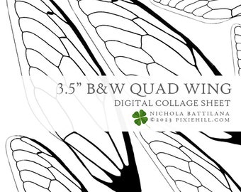 Fairy Wings Digital Download, Black and White Quad Design (PDF)
