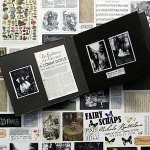 May include: A black scrapbook with a newspaper article titled "The Evidence for Fairies" by A. Conan Doyle. The scrapbook has several black and white photographs of fairies.