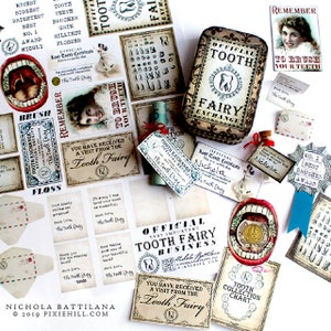 May include: A collection of vintage-style tooth fairy themed printable items, including certificates, a tooth exchange receipt, a tooth collection chart, and a tooth fairy business card. The items are printed on white paper with a distressed look and feature illustrations of teeth, fairies, and other whimsical elements.