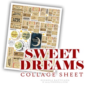 Puede incluir: Una hoja de collage digital con etiquetas e ilustraciones de estilo vintage que representan lunas, estrellas y el texto "Sweet Dreams". La hoja es perfecta para scrapbooking, creación de tarjetas y otros proyectos de manualidades.