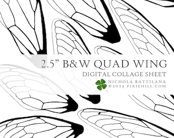 2.5" Inch Black and White Quad Fairy Wings Digital Download Collage Sheet PDF Faerie Fairy Fae