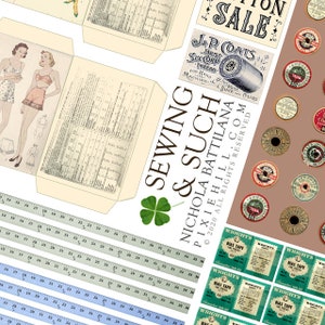 Op de afbeelding: Een vintage naai- en knutselset met een bruine achtergrond, met verschillende naaiaccessoires, waaronder garenrollen, biaisband en een liniaal. De set bevat ook een vintage illustratie van twee vrouwen die verschillende stijlen jurken dragen. De tekst "Sewing & Such" is gedrukt in groen en wit op een klavertjevier.