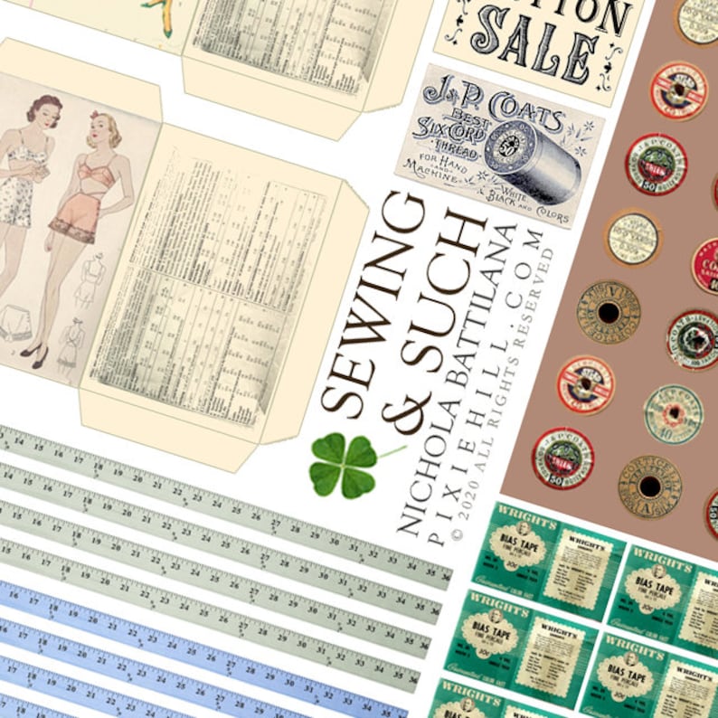 Op de afbeelding: Een vintage naai- en knutselset met een bruine achtergrond, met verschillende naaiaccessoires, waaronder garenrollen, biaisband en een liniaal. De set bevat ook een vintage illustratie van twee vrouwen die verschillende stijlen jurken dragen. De tekst "Sewing & Such" is gedrukt in groen en wit op een klavertjevier.