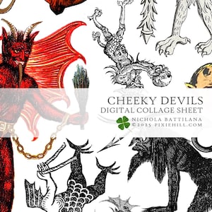 May include: Digital collage sheet titled "Cheeky Devils" featuring various illustrations of devils and demonic figures in red, black, and white. Includes text and a four-leaf clover graphic. The sheet is from Pixiehill.com.