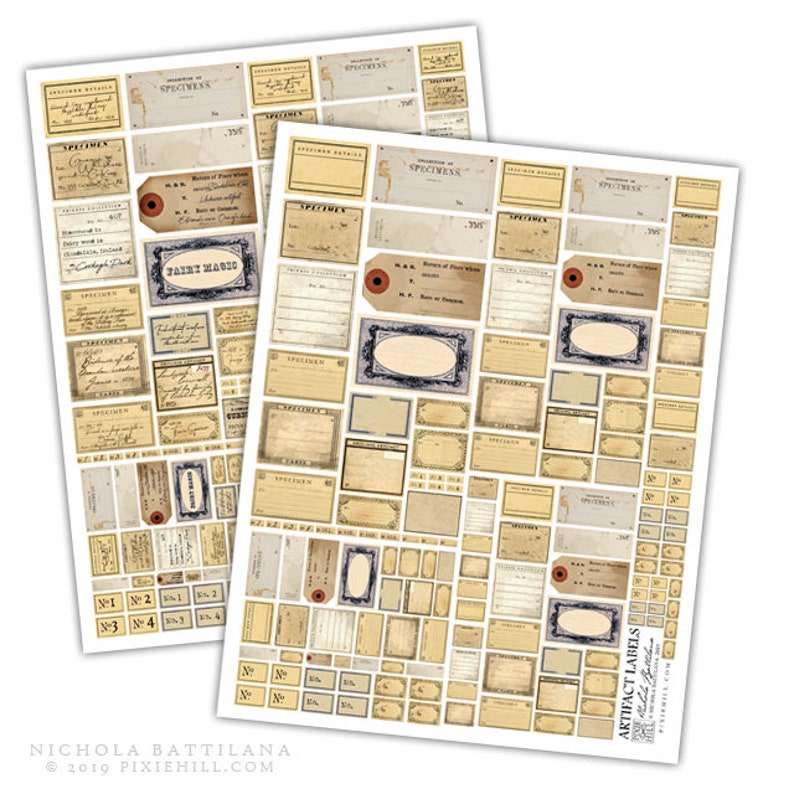 May include: A sheet of printable vintage-style labels with a cream background and black and blue accents. The labels are blank and have various shapes and sizes. The text "Artifact Labels" is printed in the bottom right corner.