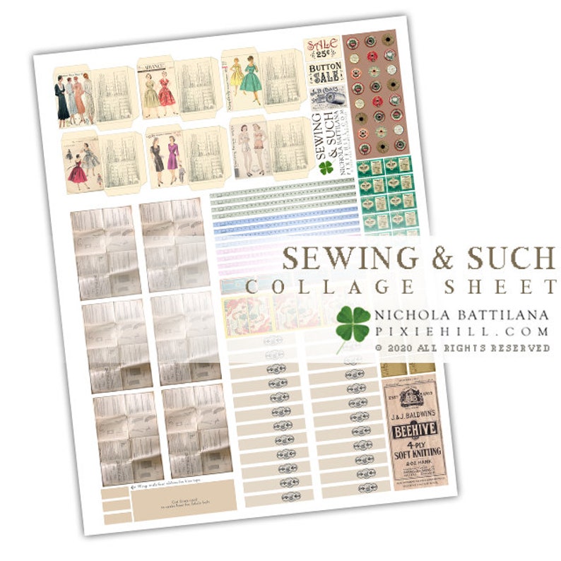 Op de afbeelding: Een collageblad met een vintage naai-thema. Het bevat afbeeldingen van vintage naaipatronen, knopen en andere naai-gerelateerde items. Het blad is getiteld "Sewing & Such Collage Sheet" en bevat de naam en website van de maker, Nichola Battilana.