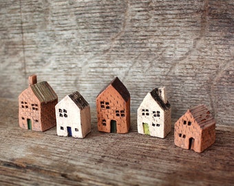 Five Minature Mixed Clay Houses - Set No. 7