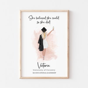 May include: A pink and white watercolor illustration of a woman in a graduation cap and gown holding a glass of champagne. The text "She believed she could so she did!" is at the top of the image. The text "Victoria" is at the bottom of the image, along with the text "University of Coventry" and "MA EDUCATIONAL LEADERSHIP."