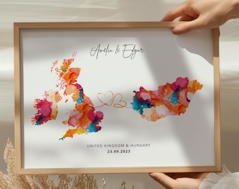 Personalised Watercolour Map Print – Two Location Custom Art