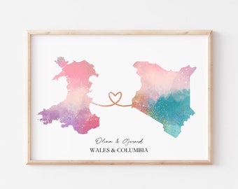 Custom Two Country Map Print, Watercolor Style
