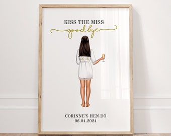 Gepersonaliseerde Kiss The Miss Goodbye Print, Hen Do Party Gift